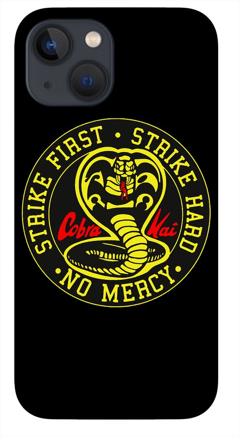 Black phone case with Cobra Kai Strike First emblem and front camera cutouts