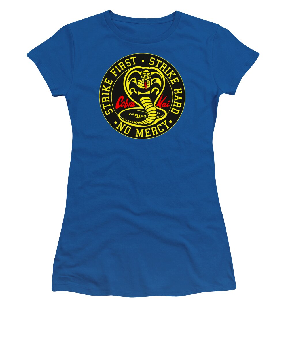 Women's royal blue T-shirt with Cobra Kai circular logo graphic on chest