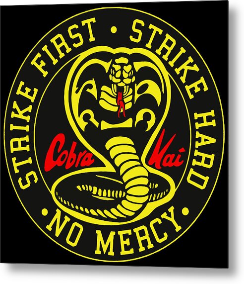 Metal print artwork with circular snake coiled design and red yellow Cobra logo