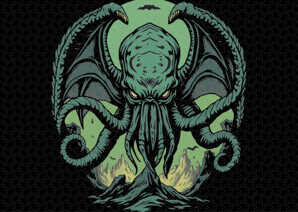 Dark fantasy jigsaw puzzle art: full teal demon with winglike fins and rope frame