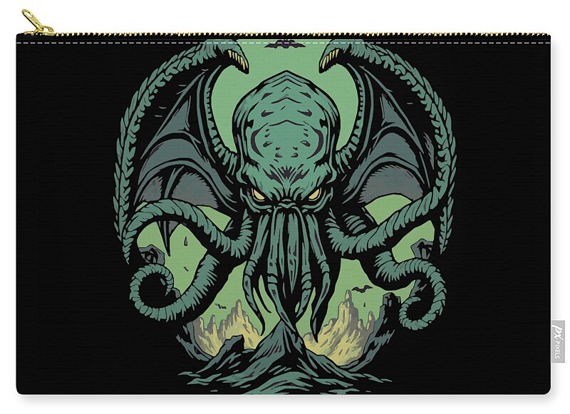 Black zip pouch with gold zipper pull and teal demon face print