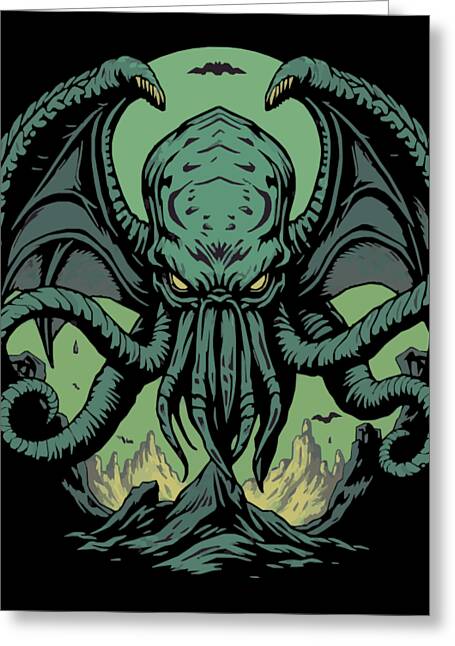Demon greeting card with green tentacled creature on dark background