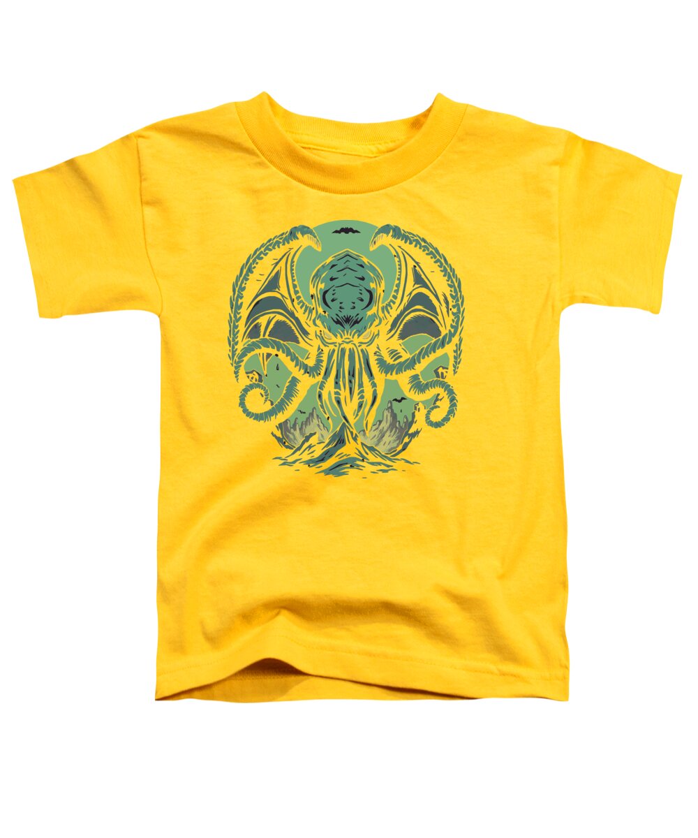 Women's relaxed T-shirt, yellow crewneck with green demon graphic on front