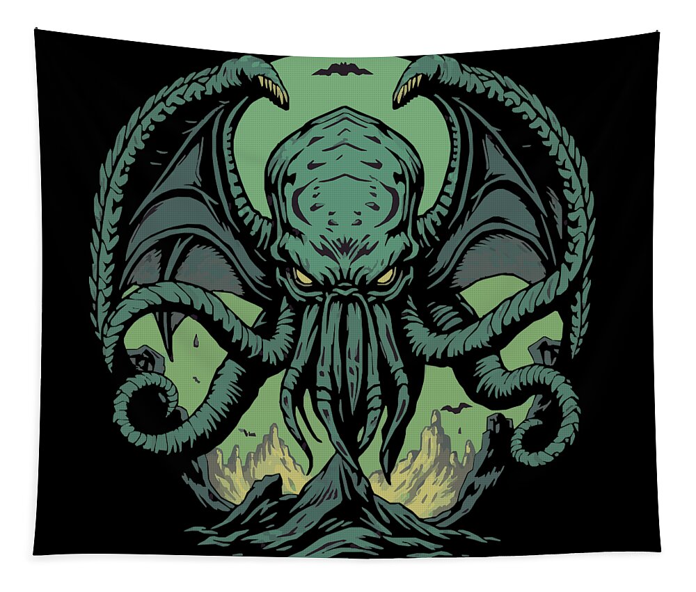 Demon wall tapestry close-up with teal tentacled creature, dark wings, on black