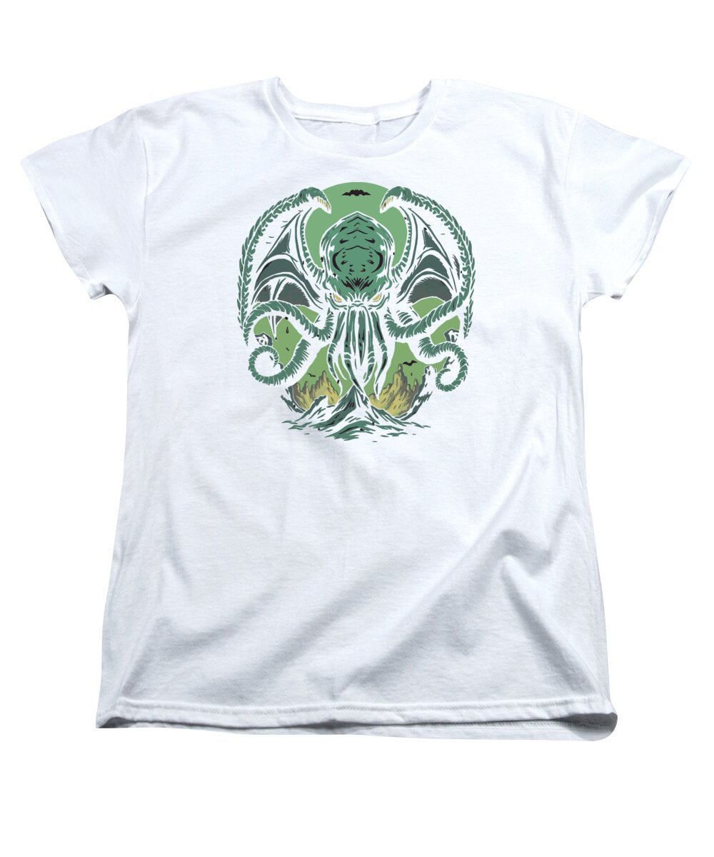 White women’s graphic t-shirt with green tentacled demon face front print