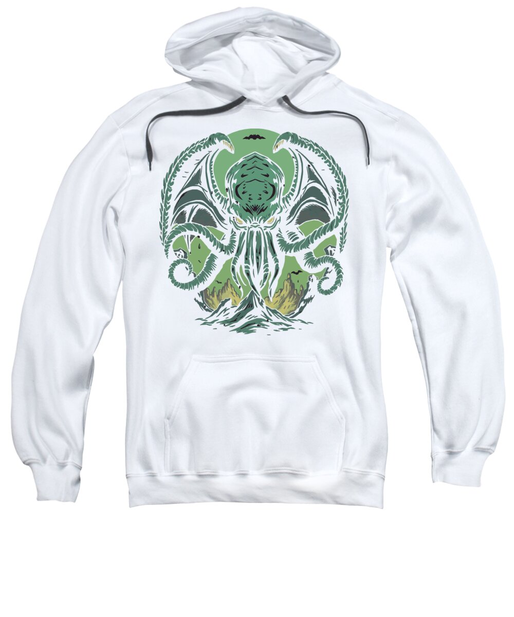 White demon graphic pullover sweatshirt with green chest illustration and hood.