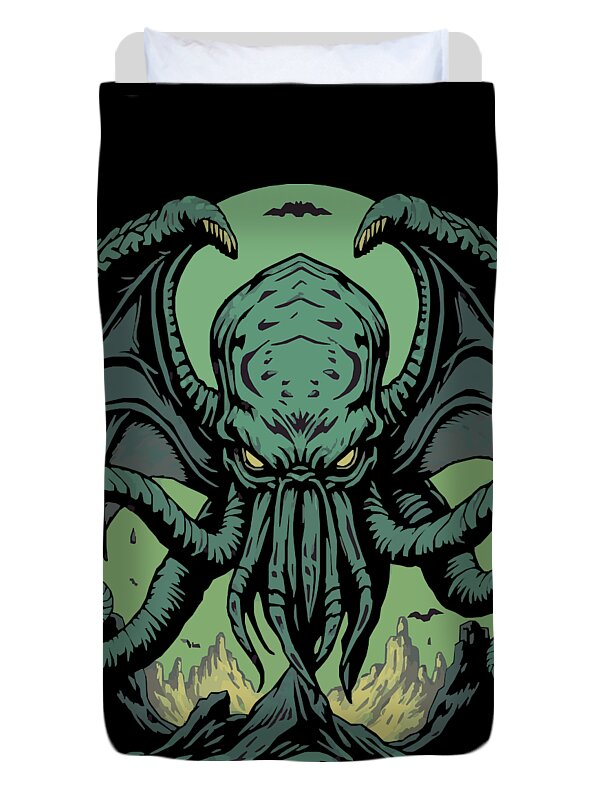 Cthulhu Demon duvet cover with close-up green tentacled monster on black fabric