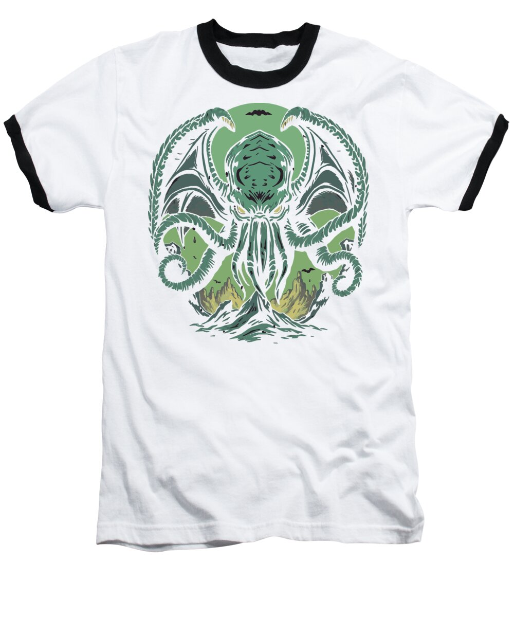 White raglan T-shirt with black sleeves and green demon front graphic