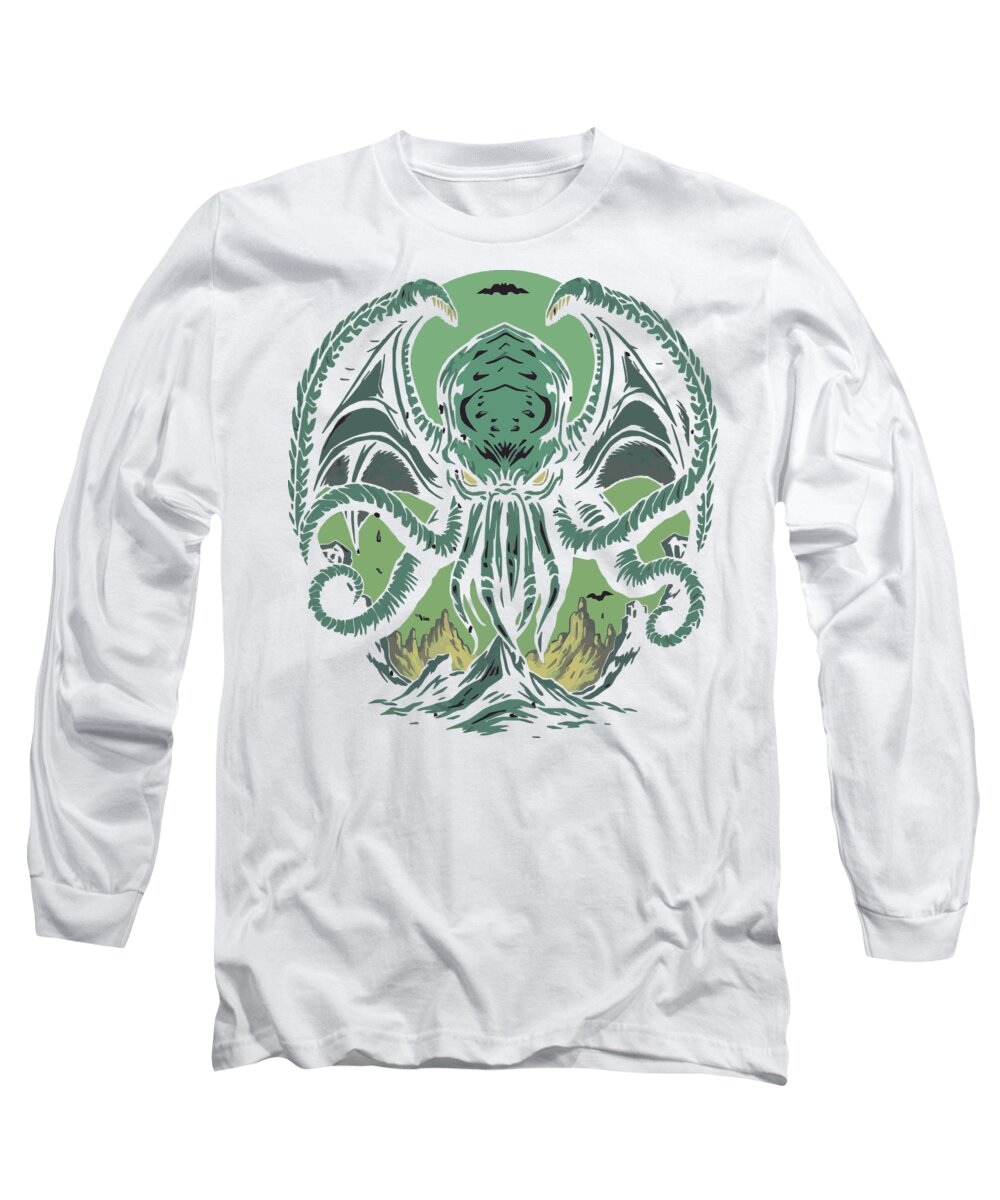 White long sleeve T-shirt with neon green monster face and tentacle graphic