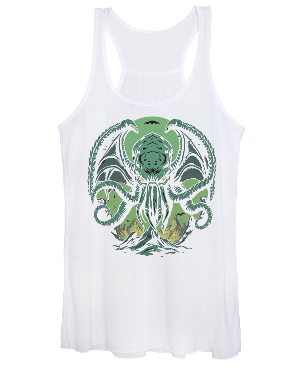 Women's tank top, white with green tentacled monster graphic front