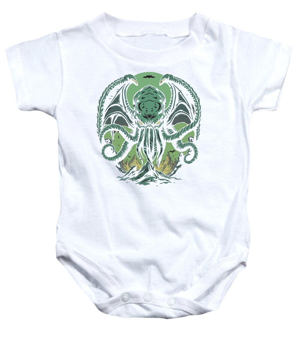 White baby onesie with green octopus-style demon graphic, short sleeves and snap legs