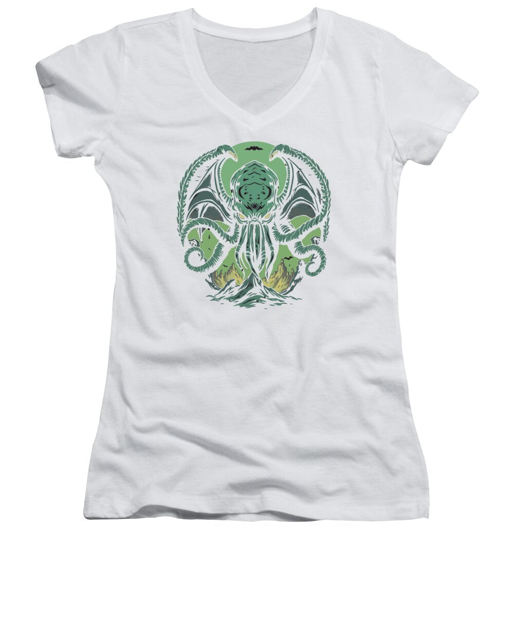 White women's V-neck T-shirt with green tentacled creature front graphic.