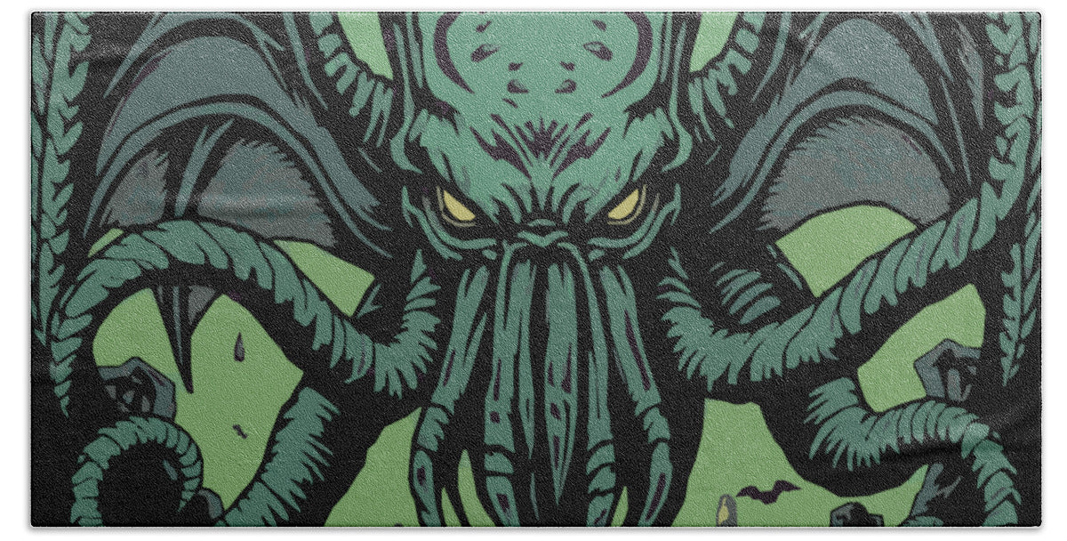 Bath towel featuring a central Cthulhu-style sea monster face, dark green and gray