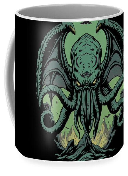 Black ceramic demon mug with teal-green octopus-like Cthulhu illustration and white interior