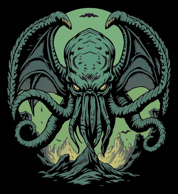 Green fantasy demon art print with long tentacles, claws, and glowing eyes.