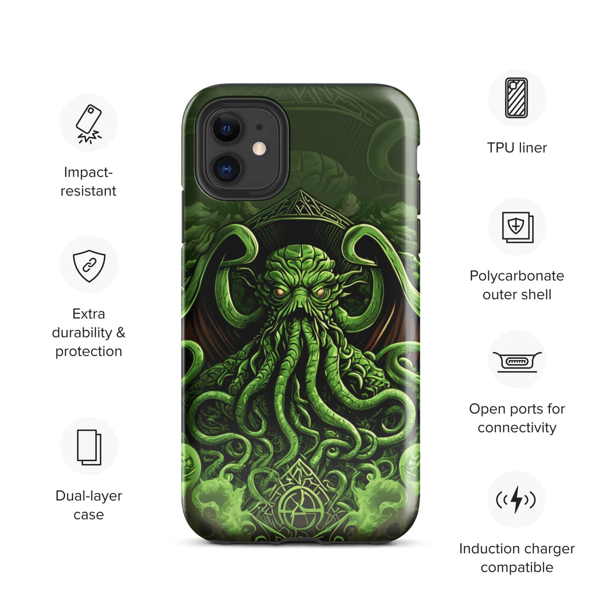 Green tough phone case: impact-resistant, dual-layer with TPU liner and polycarbonate shell; open ports