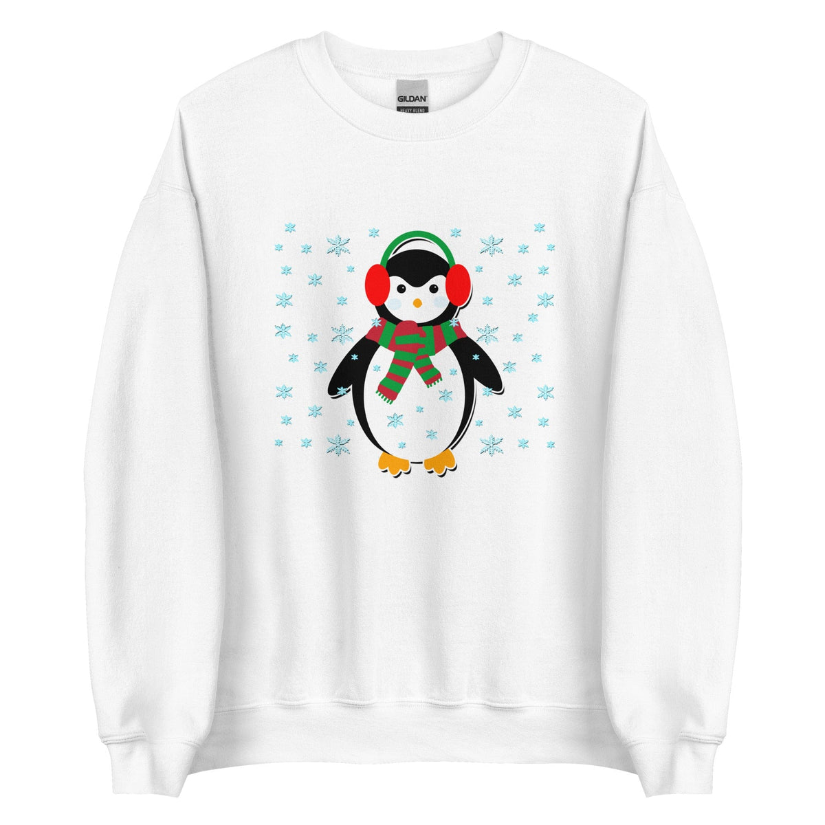 White crewneck sweatshirt with cute penguin holiday graphic, long sleeves