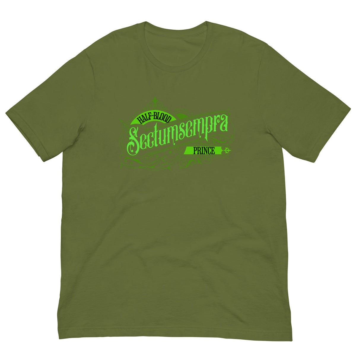 Olive T-shirt with neon green front graphic and short sleeves