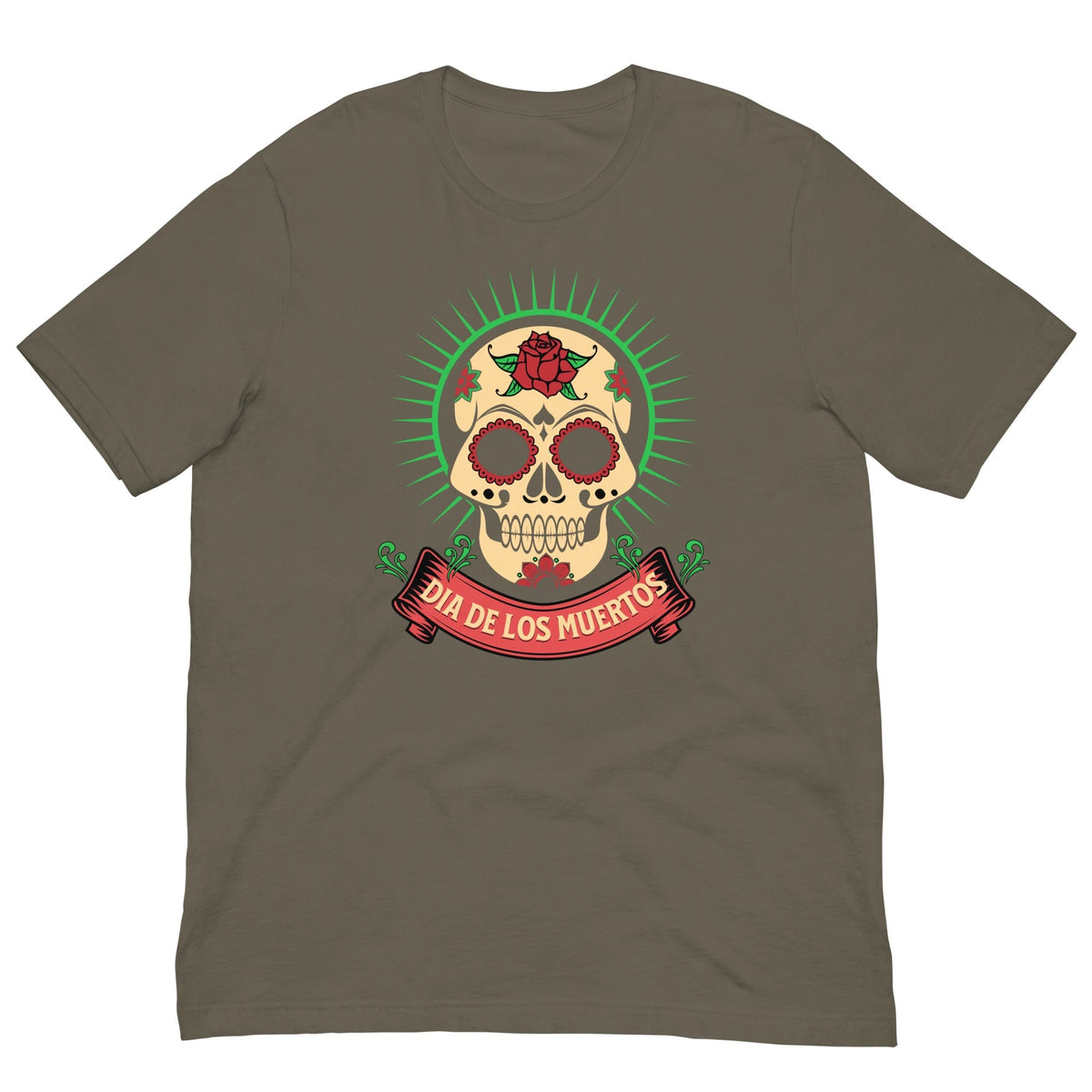 Day of the Dead T-shirt, olive with colorful skull graphic and text
