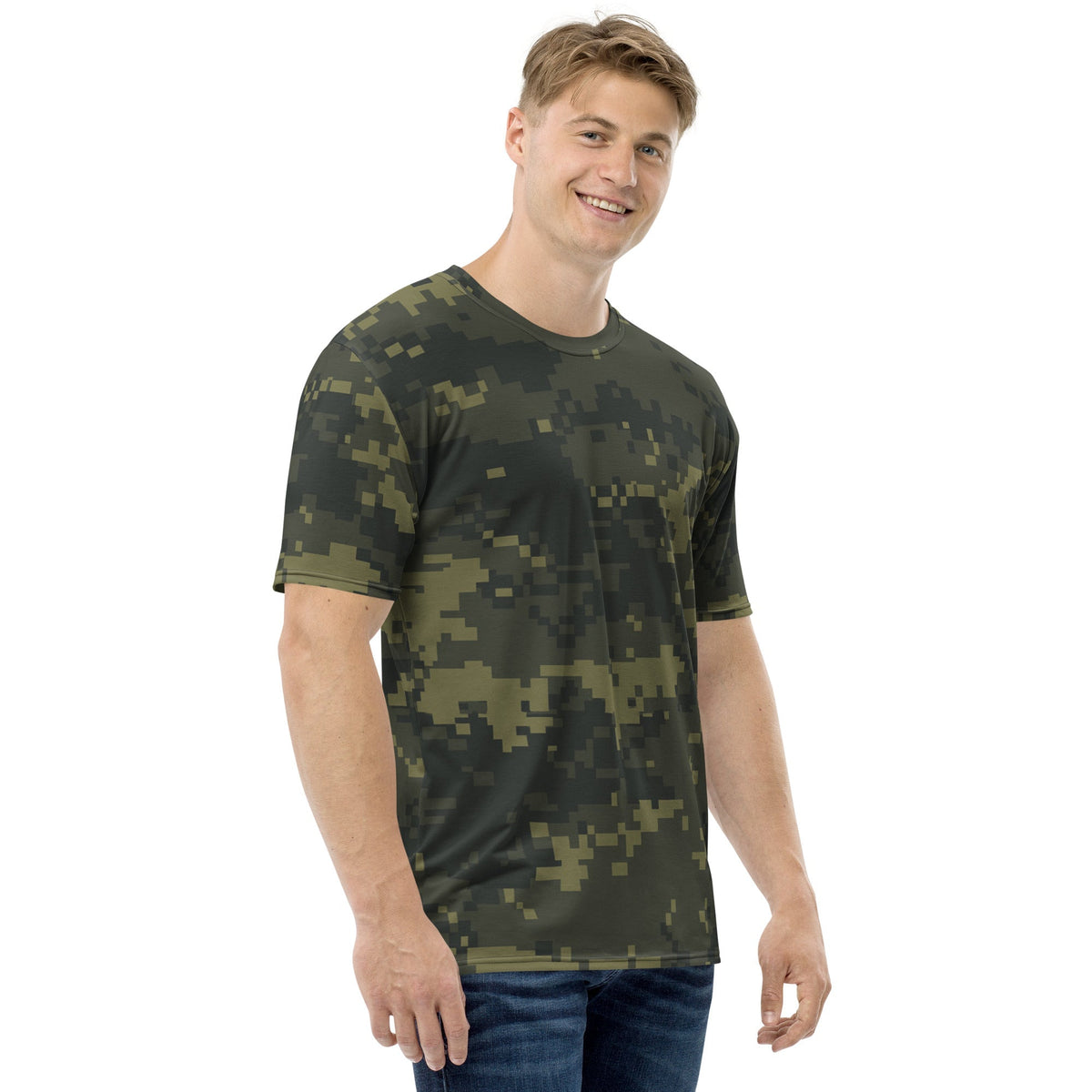Men's digital camo T-shirt, short-sleeve crew neck in dark olive and green pixel pattern