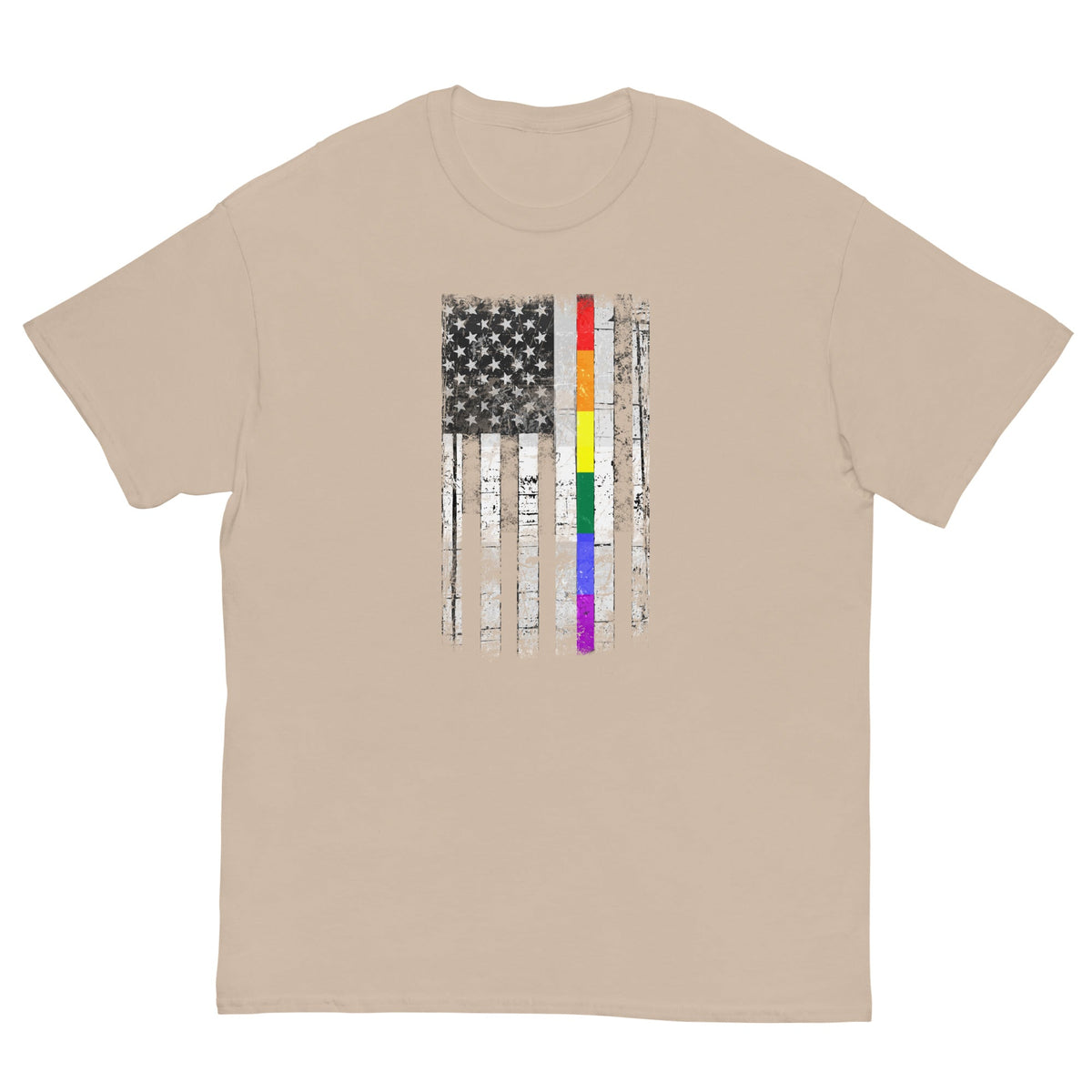 Sand tan T-shirt with distressed American flag graphic and rainbow stripe accents