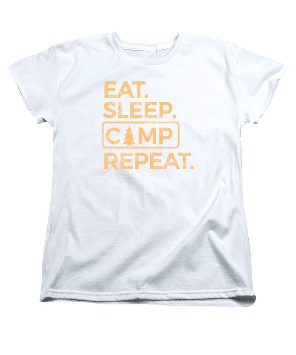 White women’s crew-neck T-shirt with “EAT SLEEP CAMP REPEAT” front graphic.