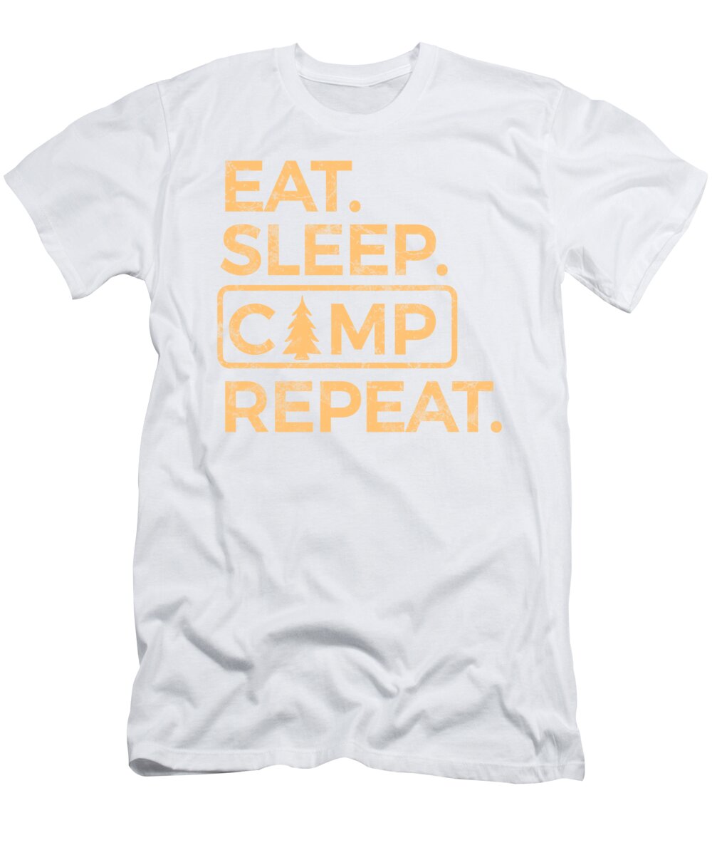 White camp slogan graphic T-shirt with tree and tent icon on front
