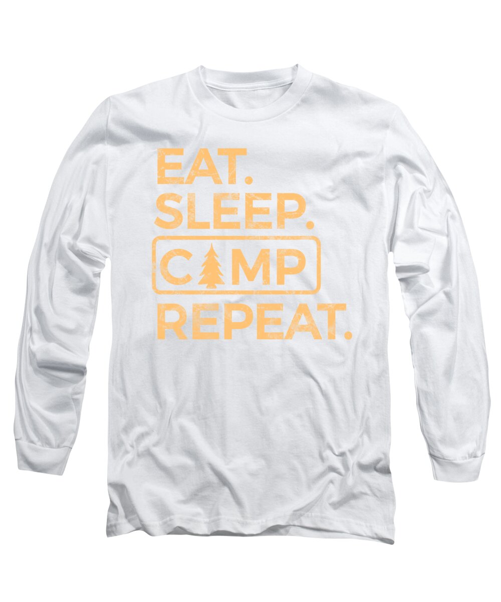 White long-sleeve T-shirt with 'EAT SLEEP CAMP REPEAT' logo graphic in orange and cream.