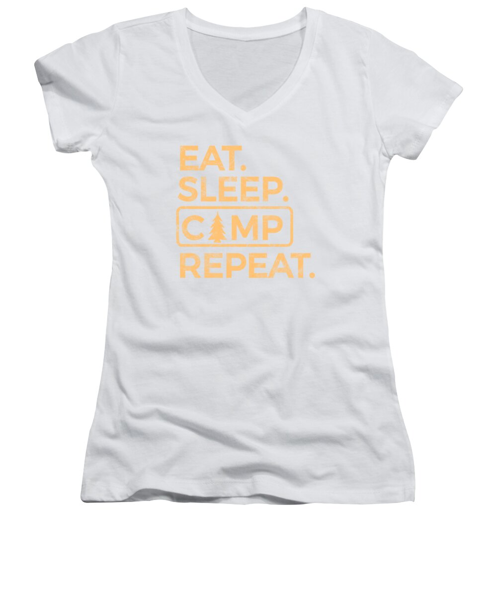 Women's V-neck T-shirt, white, with 'Eat Sleep Camp Repeat' graphic
