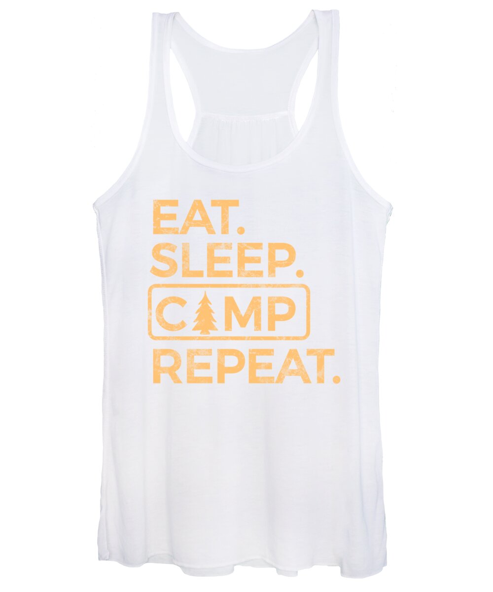 White women’s tank top with scoop neck and “Eat Sleep Camp Repeat” graphic print