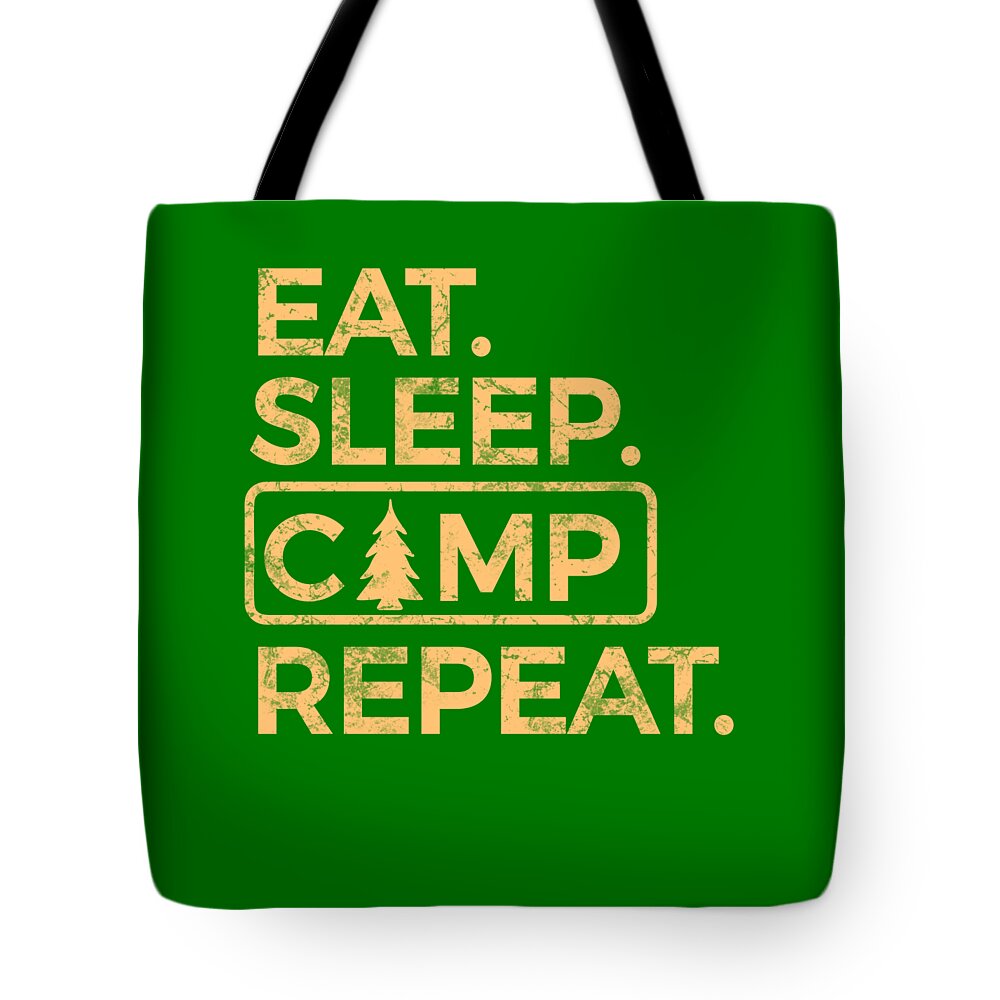 Green tote bag with large centered 'EAT. SLEEP. CAMP REPEAT.' front print and black handles