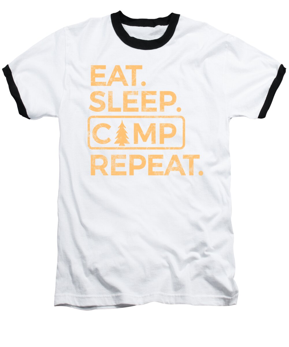 White baseball T-shirt with black raglan sleeves and orange camping graphic
