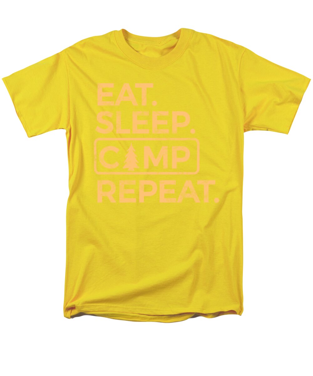 Men's yellow crew-neck T-shirt with Eat Sleep Camp Repeat graphic print.