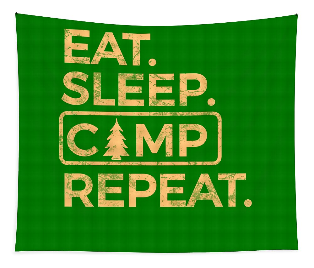 Green throw tapestry with 'EAT SLEEP CAMP REPEAT' slogan and pine emblem