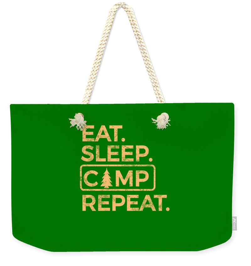 Green weekender tote bag featuring Eat Sleep Camp Repeat typography graphic