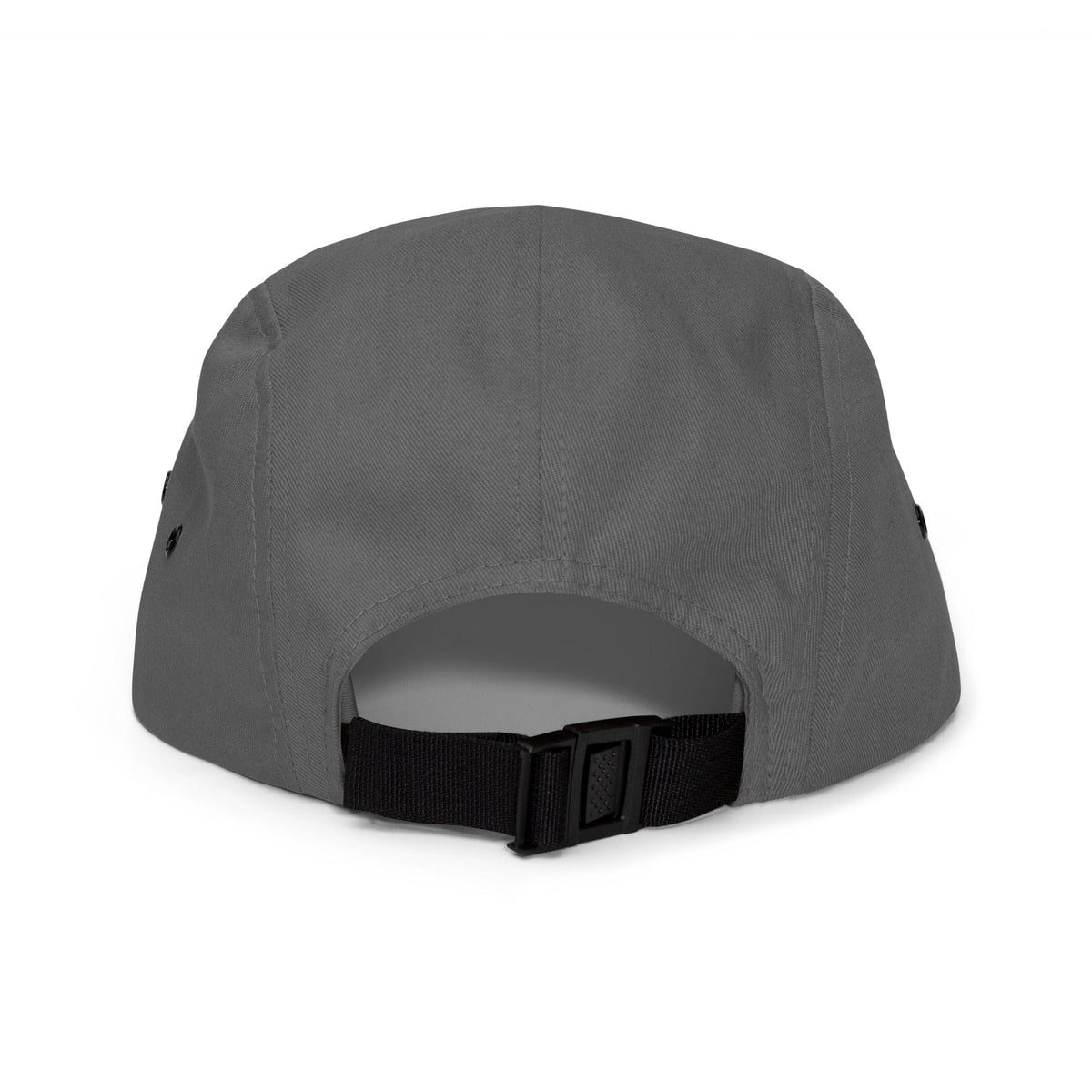 Dark gray five-panel cap with adjustable strap and curved brim
