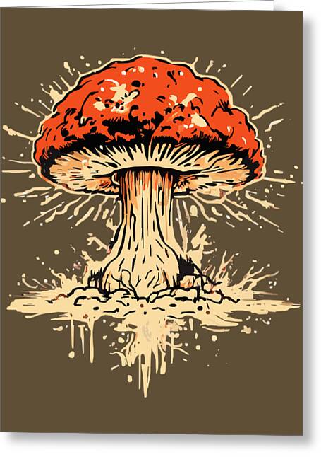 Greeting card front with orange-red mushroom illustration and white spore splash