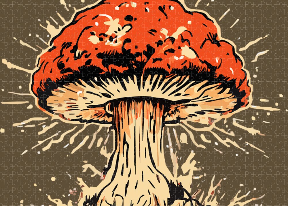 Explosive mushroom puzzle artwork: orange mushroom cap above cream gills with radiating burst effects.