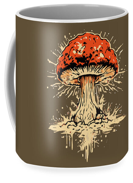 Dark brown mug with red mushroom burst graphic and splatter details