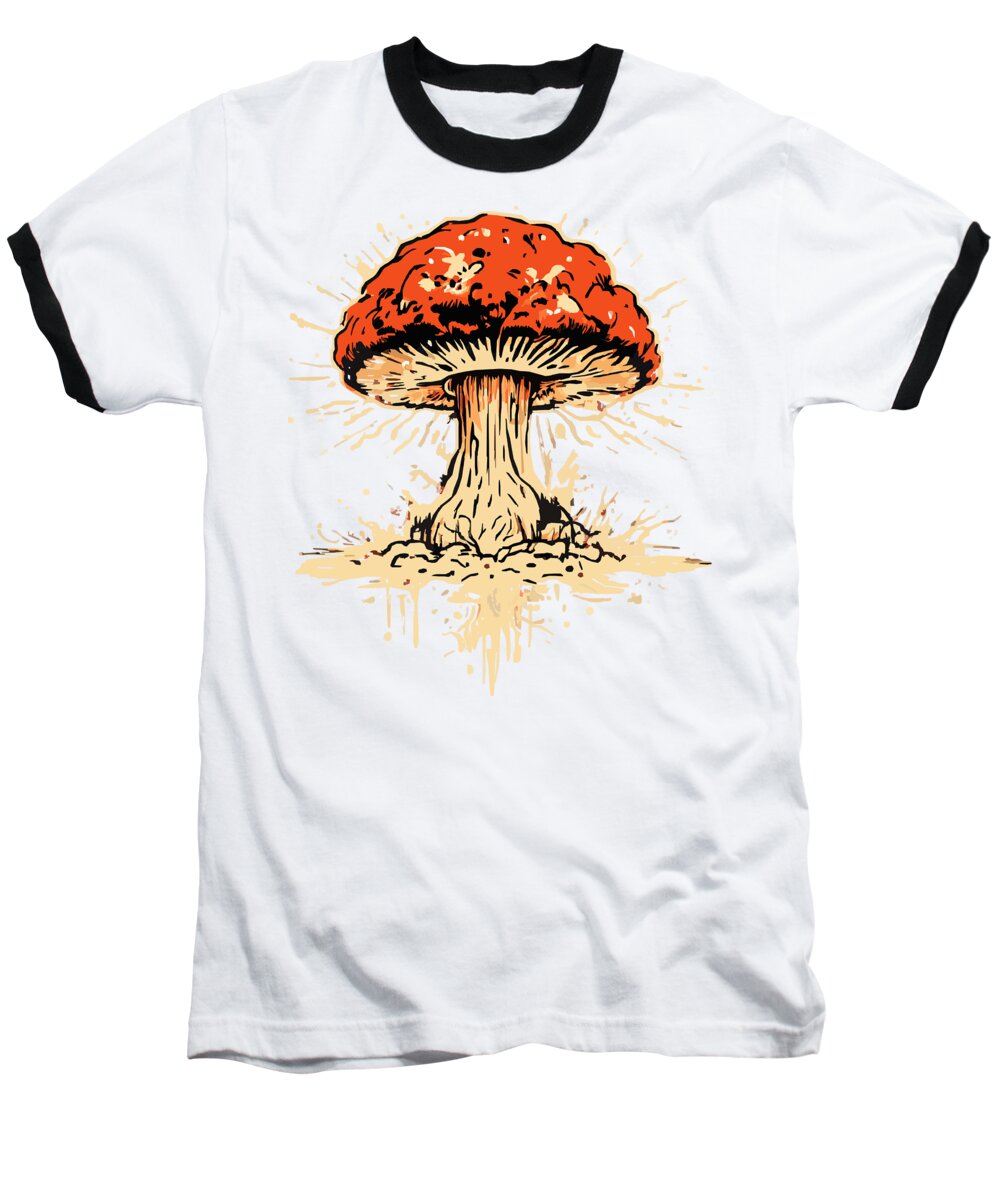 White baseball T-shirt, black trim, orange mushroom front graphic