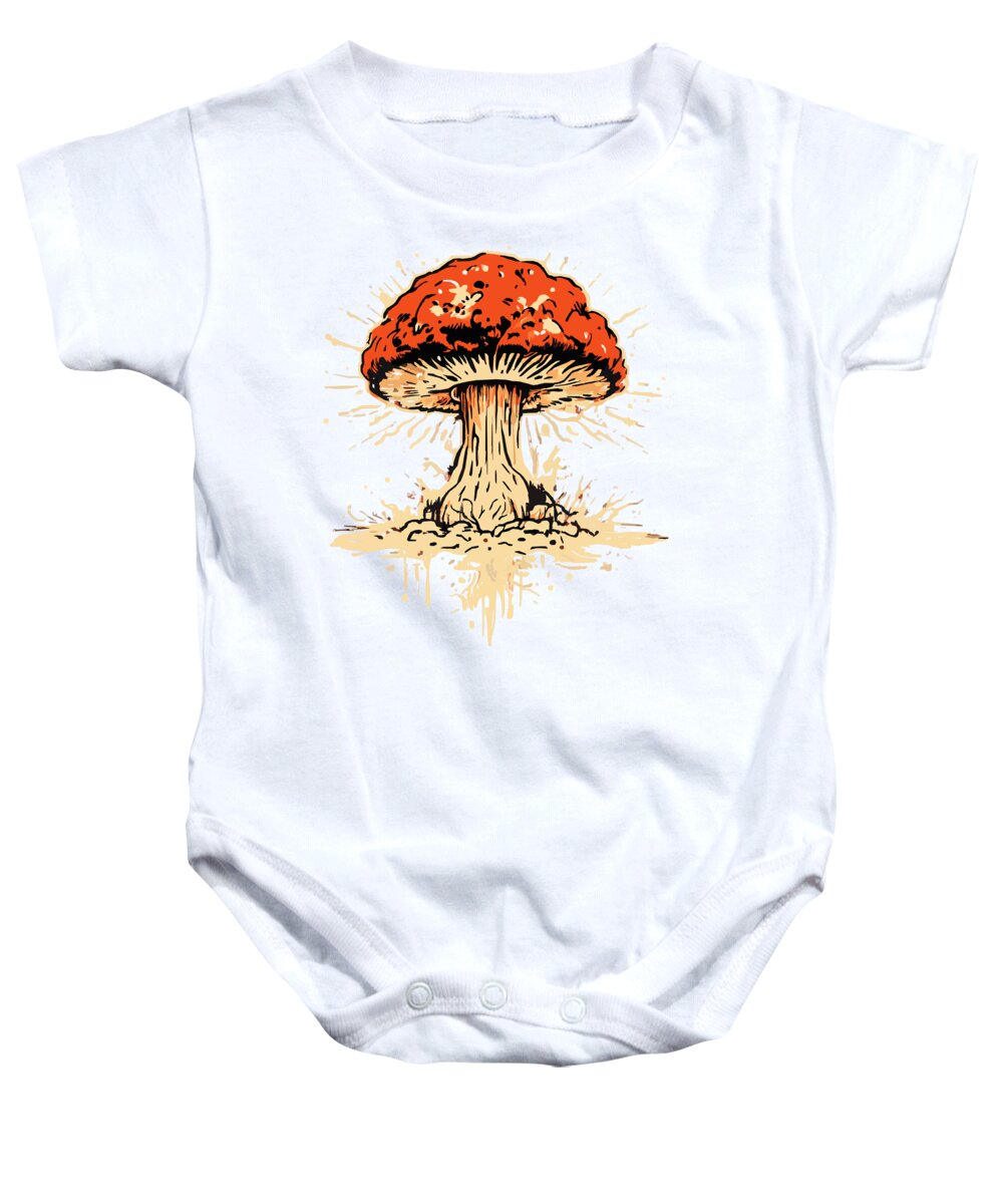 White baby onesie with orange mushroom graphic, short sleeves, snap crotch