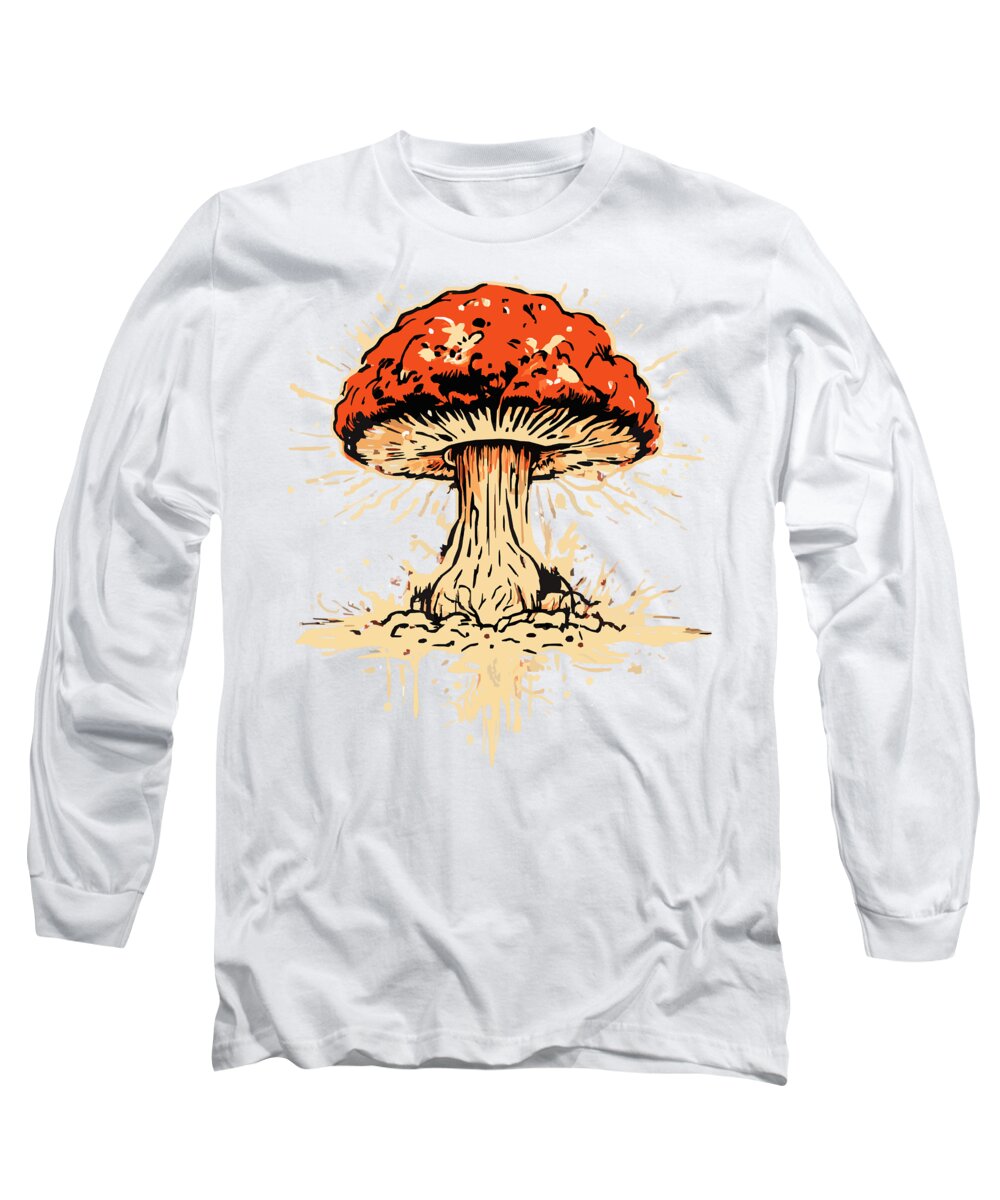 White long-sleeve T-shirt with orange mushroom graphic on front.