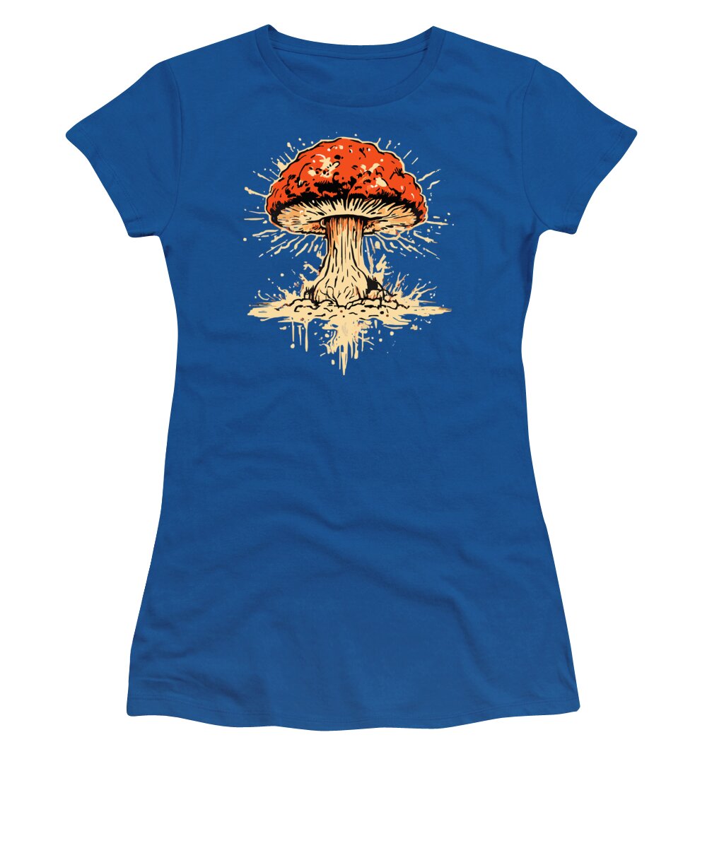 Royal blue women's T-shirt with orange mushroom graphic at center