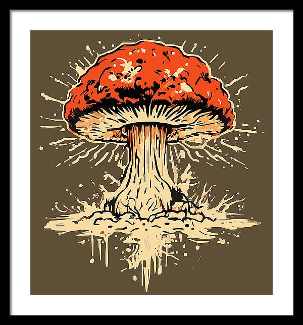 Framed print of an orange exploding mushroom with white spatter, light frame