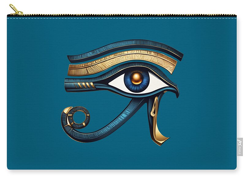 Teal zip pouch featuring Eye of Horus symbol with gold accents and zipper.