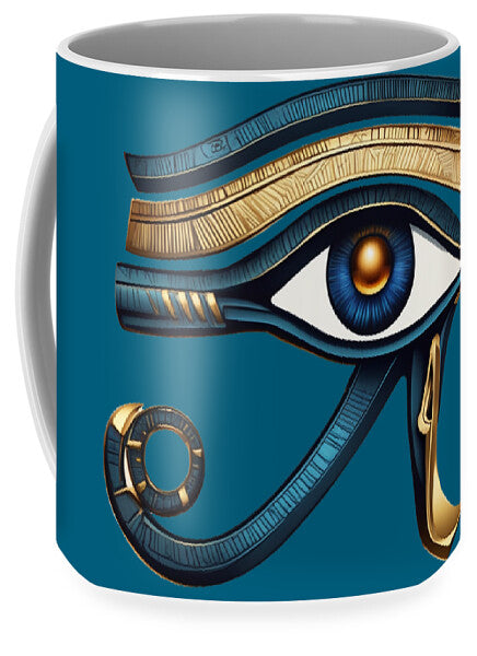 Mug with Eye of Horus symbol, blue background with gold eye and ringed markings