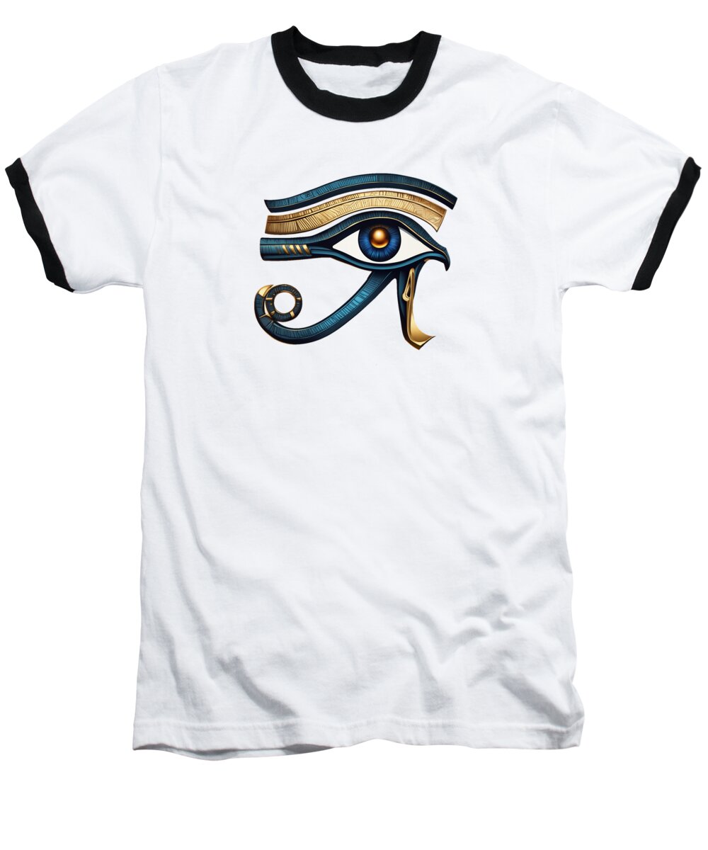 White baseball t-shirt with black raglan sleeves and Eye of Horus eye symbol graphic