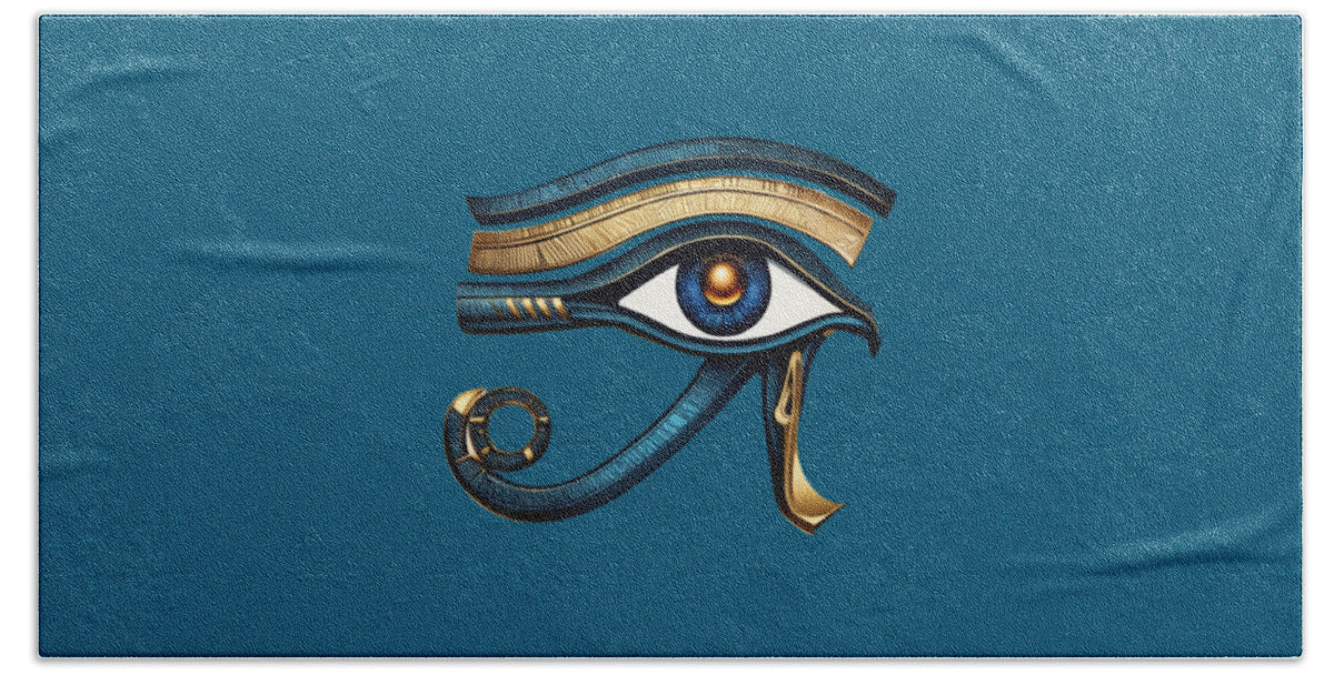 Blue bath towel with stylized Eye of Horus emblem and central eye motif
