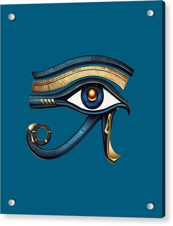 Ancient Egyptian eye symbol acrylic print with gold and blue details and corner mounting holes