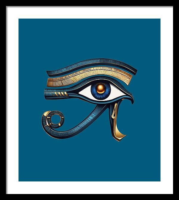 Framed Eye of Horus symbol print, black frame, blue background, eye with gold accents